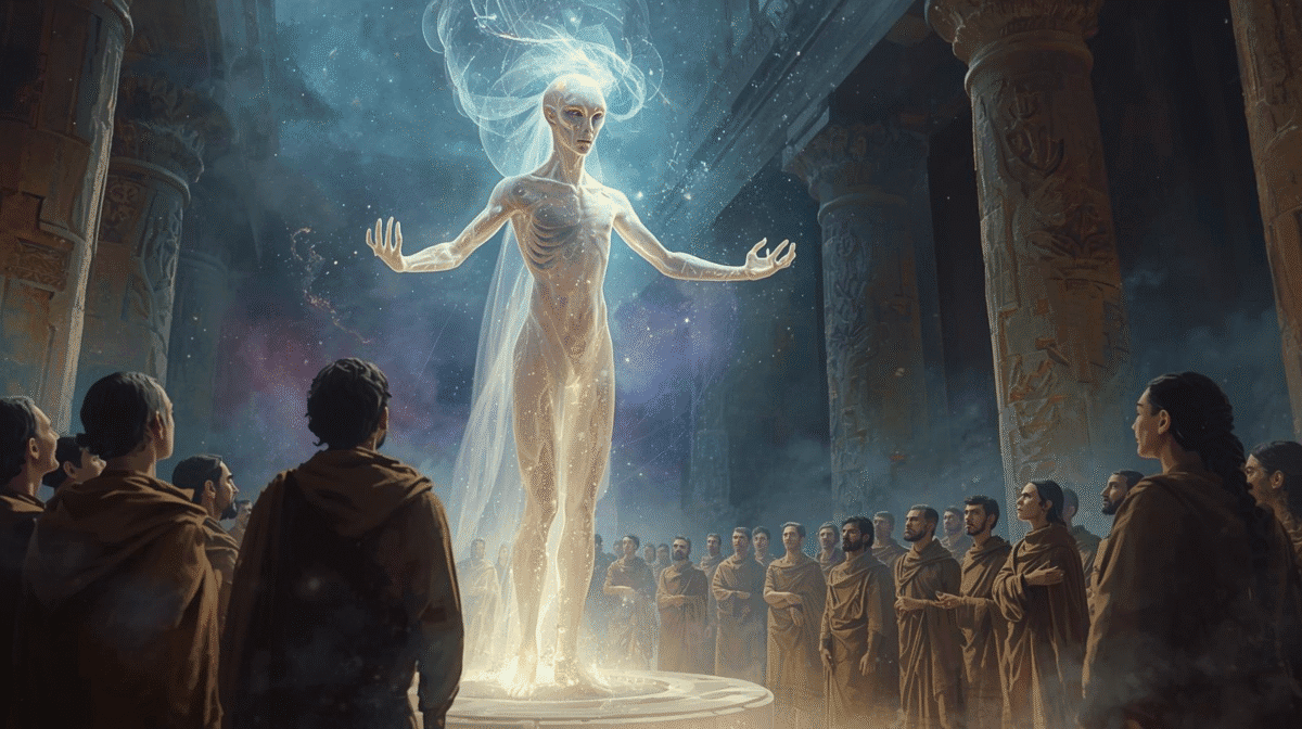 古代人類に知識を授ける宇宙人のイメージ図