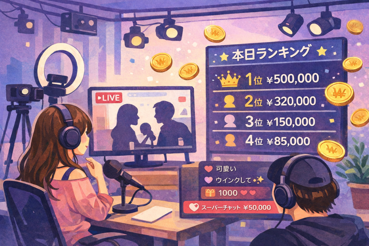 エクセル放送のイメージ画像

女性の配信主　画面上には投げ銭額によるユーザーランキングが表示されている